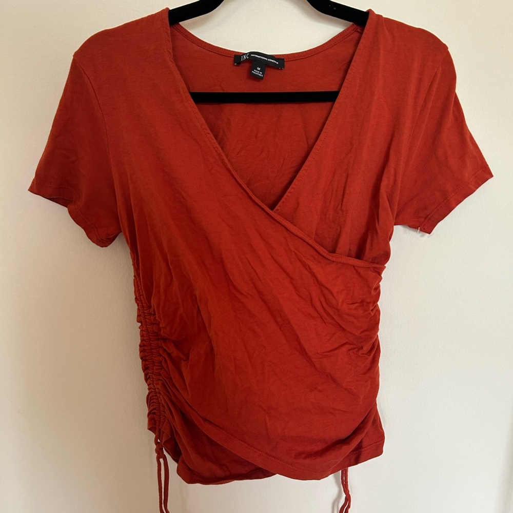 Y2K burnt orange office siren rouge wrap top !!